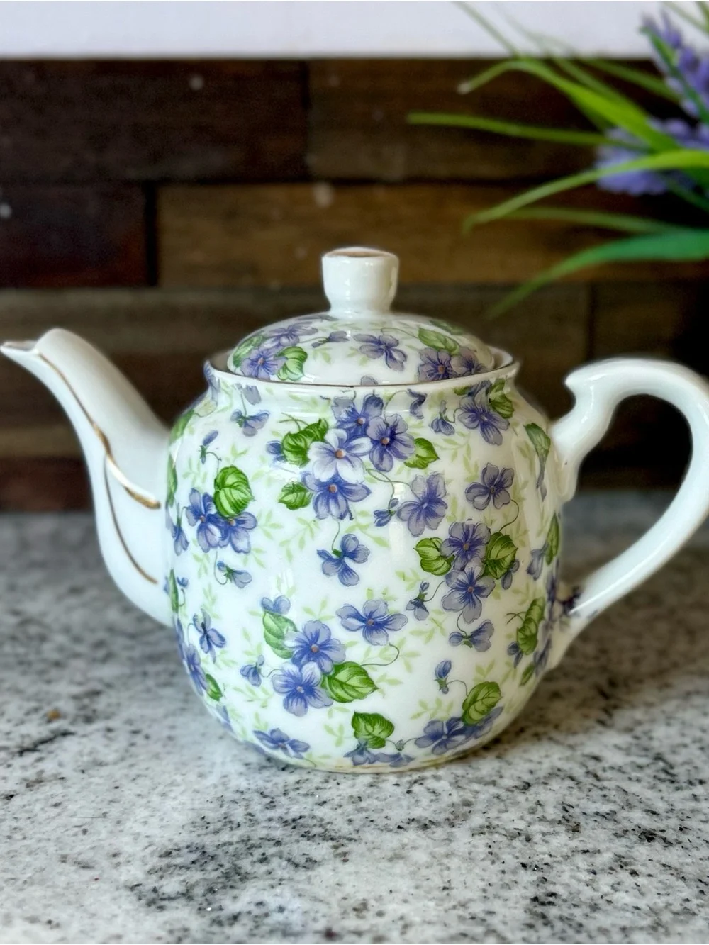 White Porcelain Teapot with Purple and Green Floral Print Design Lefton China